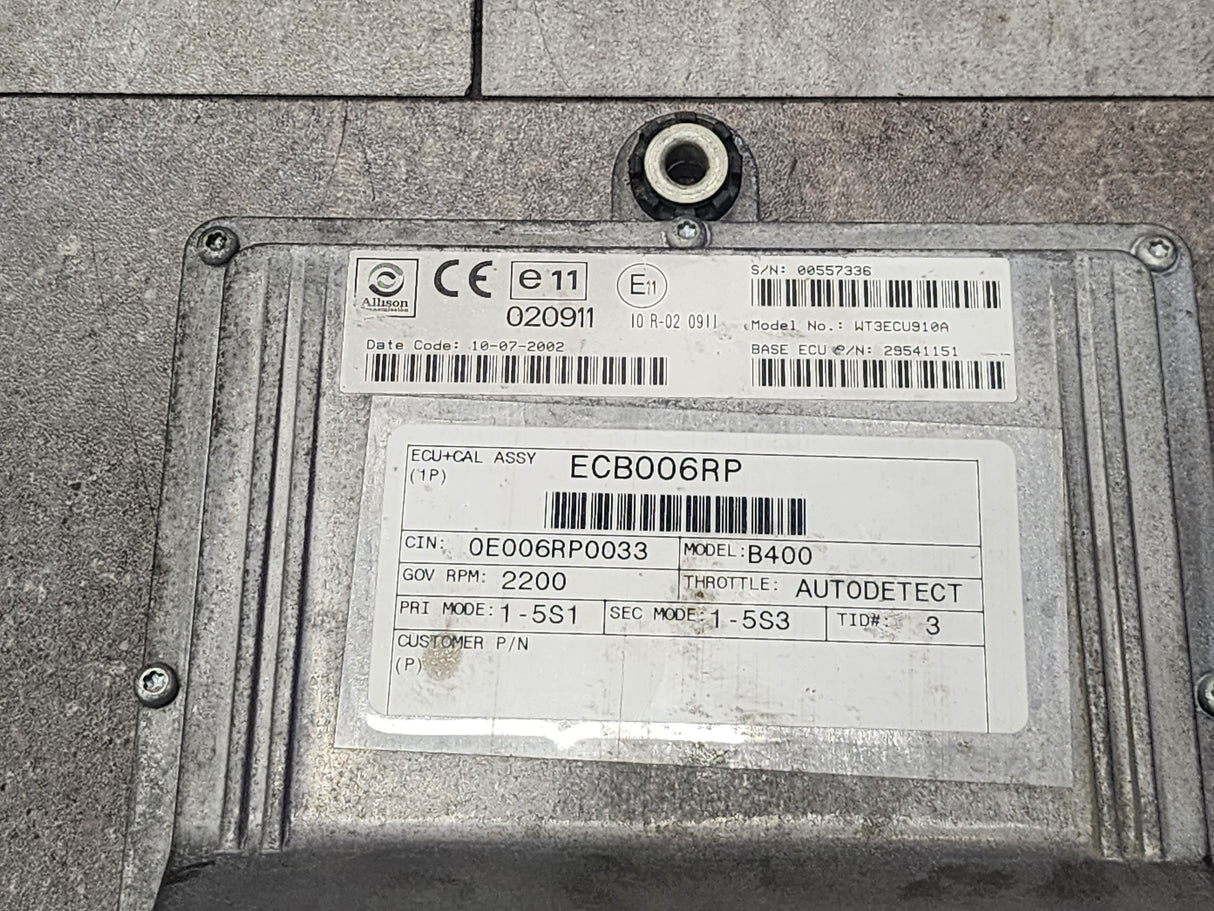 B400 Allison TCM Part # 29541151, Model No. WT3ECU910A, e11, 020911, 10R02 0911