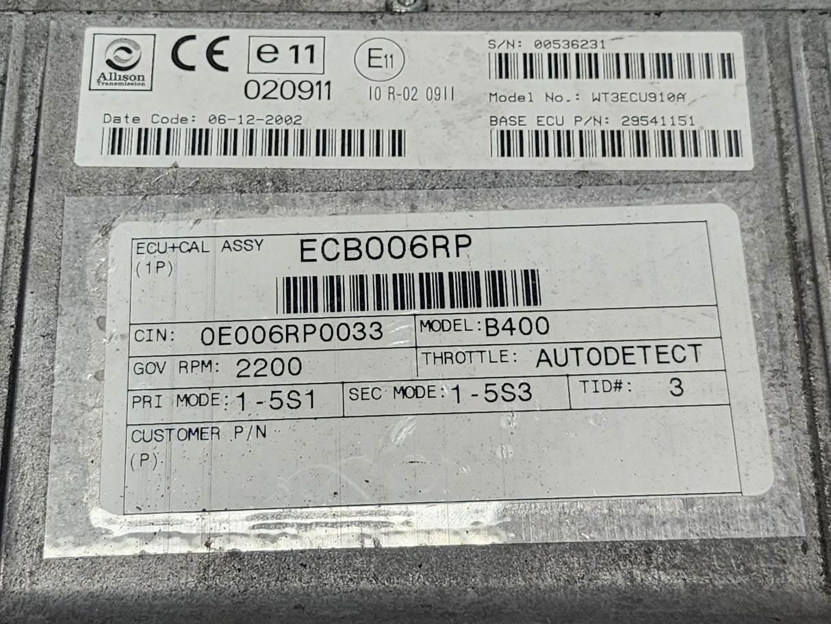2002 Allison B400 TCM Part # 29541151, Model No WT3ECU910A
