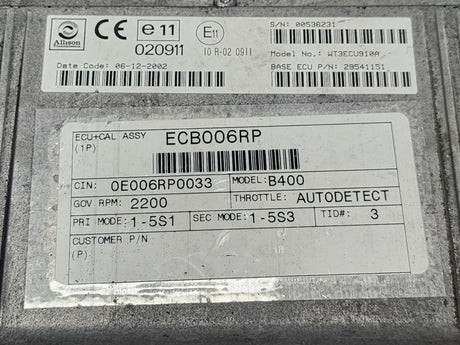 2002 Allison B400 TCM Part # 29541151, Model No WT3ECU910A