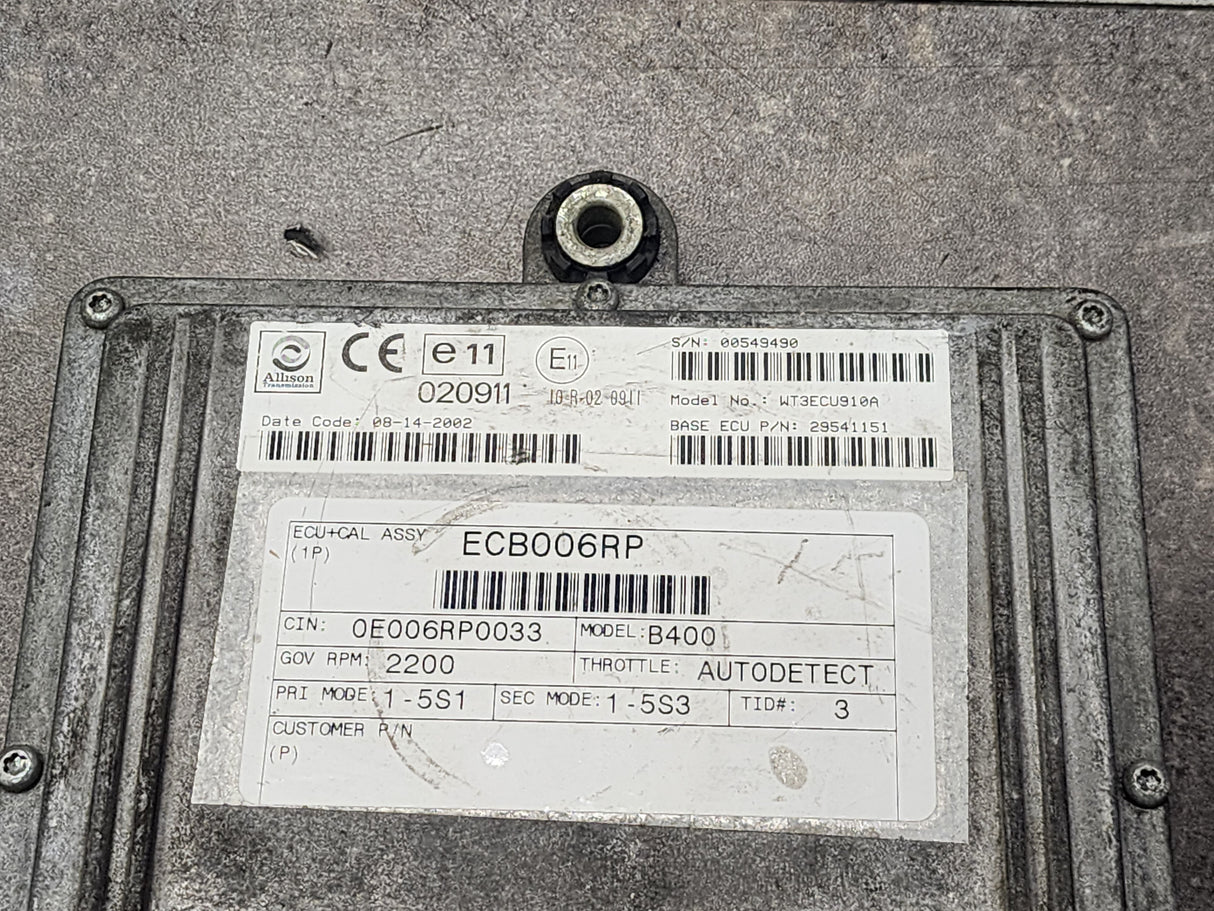 Allison B400 TCM Part # 29541151, e11, 020911, Model No. WT3ECU910A