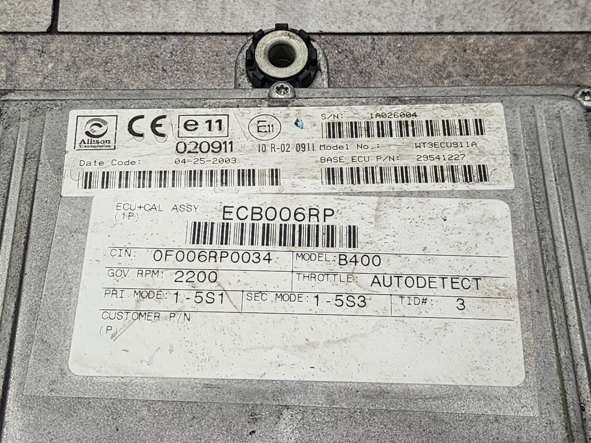 Allison B400 TCM Part # 29541227, e11, 020911, Model No. WT3ECU911A