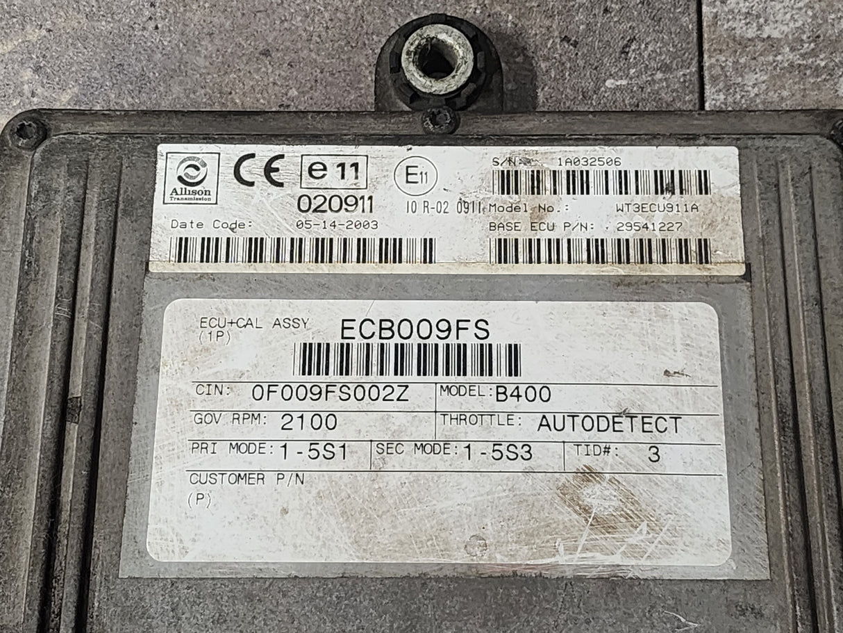 Allison B400 TCM Part # 29541227, e11, 020911, Model No. WT3ECU911A