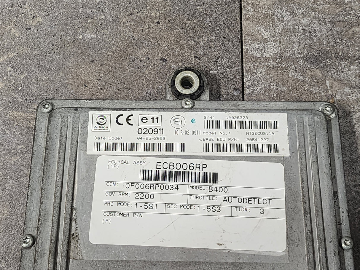 Allison B400 TCM Part # 29541227, e11, 020911, Model No. WT3ECU911A