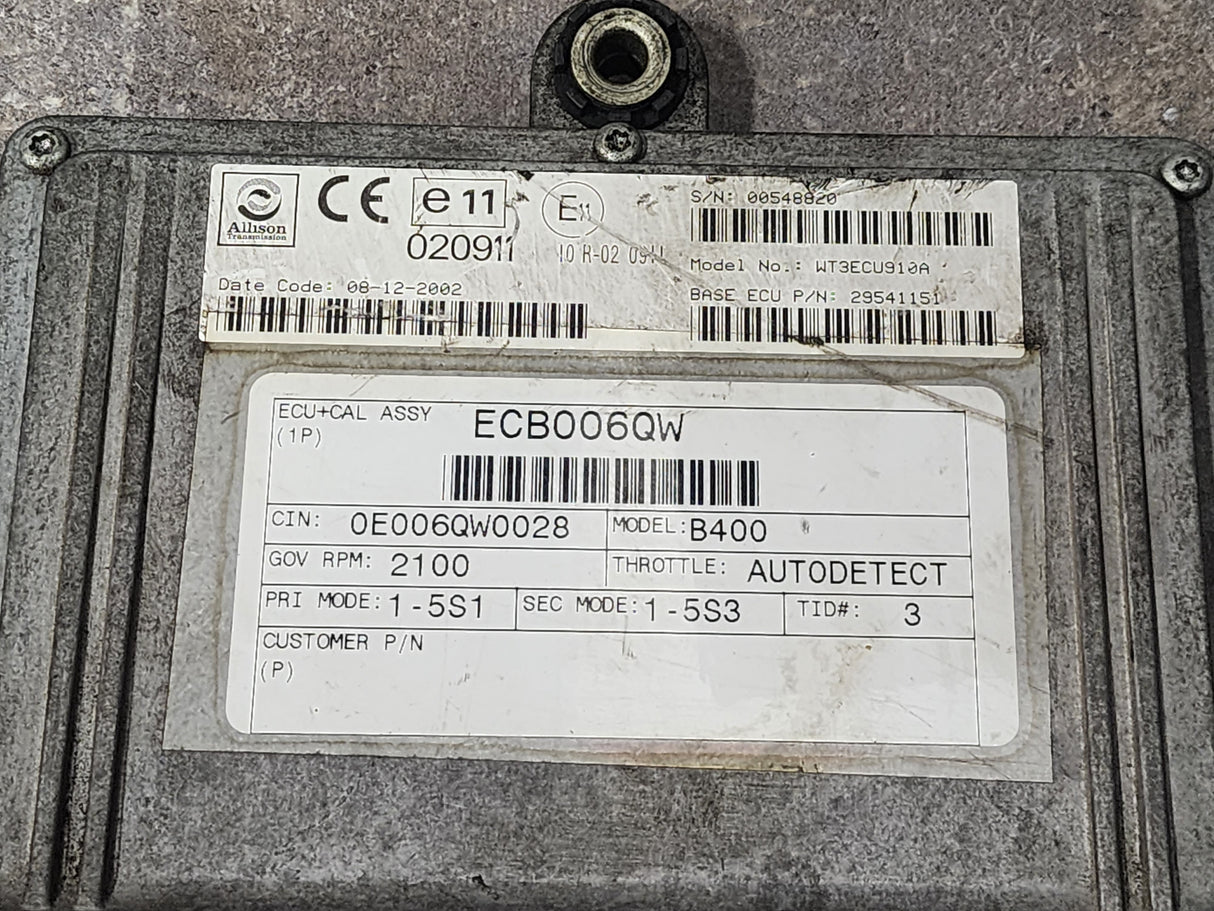 Allison B400TCM Part # 29541151, e11, 020911, Model No. WT3ECU910A