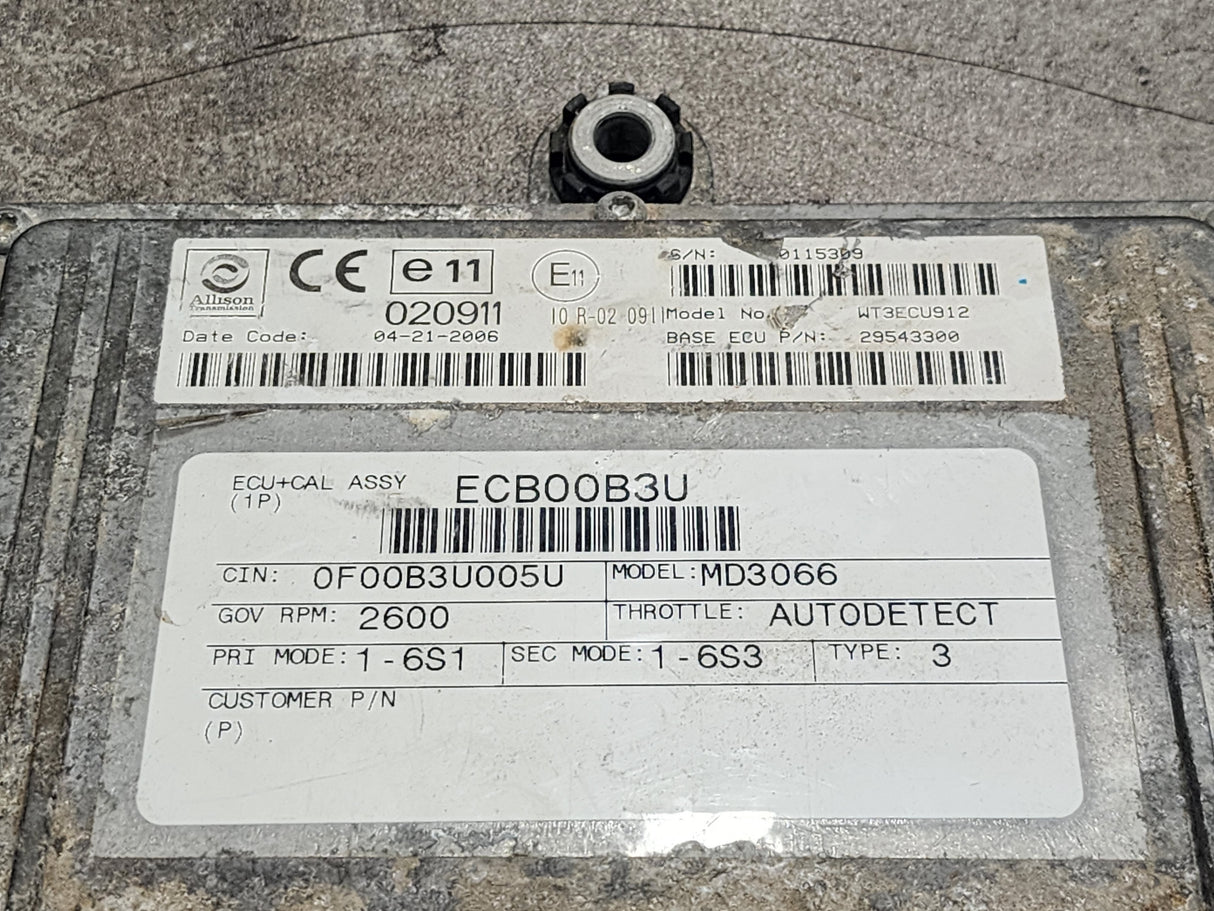 2006 Allison MD3066 TCM Part # 29543300, e11, 020911, Model No. WT3ECU912