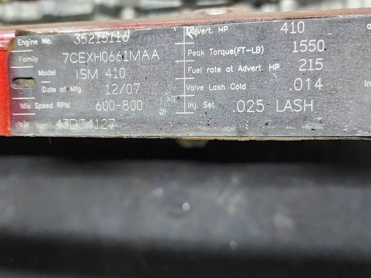 2008 Cummins ISM 410 Diesel Engine Rocker Arm Housing with Front Lifting Bracket, EGR Valve, Air Intake Manifold & Wire Harness