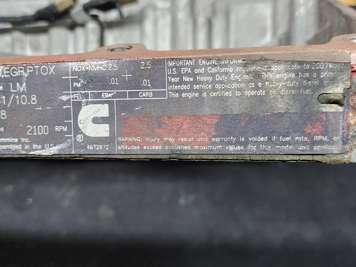 2008 Cummins ISM 410 Diesel Engine Rocker Arm Housing with Front Lifting Bracket, EGR Valve, Air Intake Manifold & Wire Harness