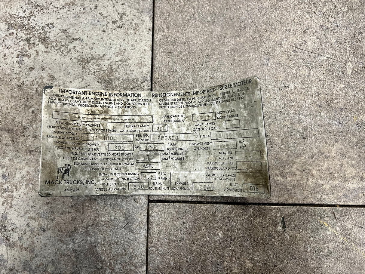 1992 Mack E7 Injector Part # HNM 780322, NHM 78035, Mechanical E7