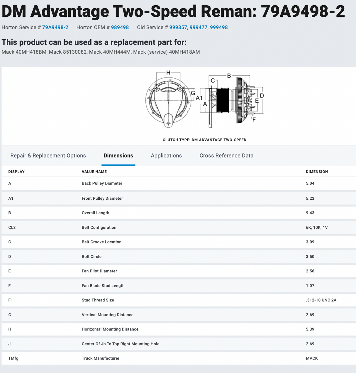 Horton Mack Aset AI/AMI Fan Clutch For Sale Part # 79A9498-2
