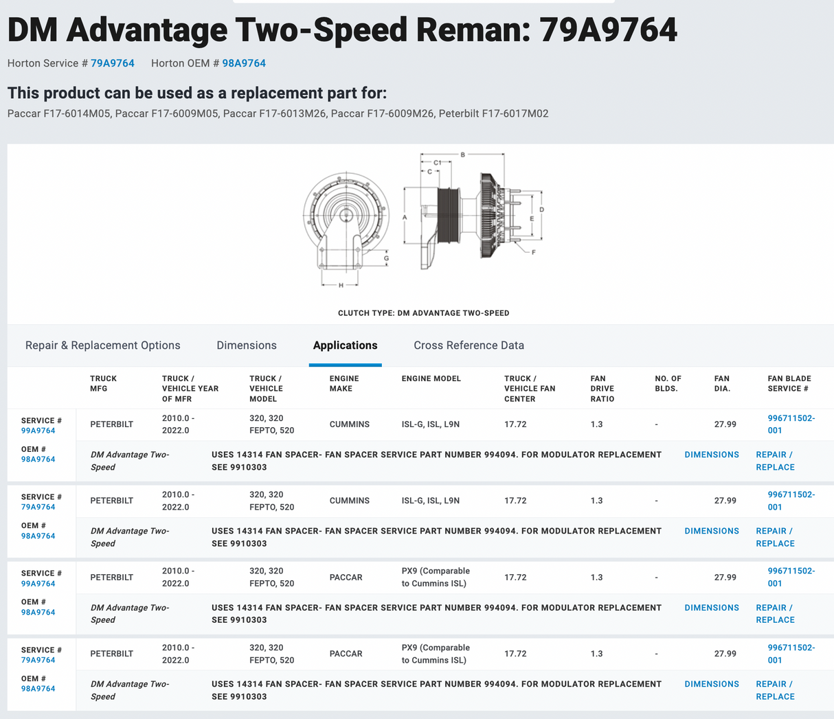 Horton Peterbilt 320 Fan Clutch For Sale, Part # 79A9764 For Sale