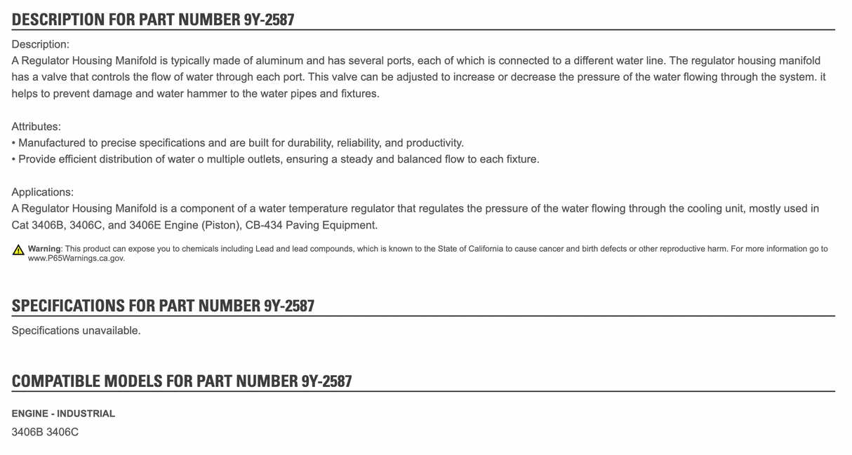 Caterpillar 3406 Diesel Engine Regulator Housing 9Y-2587 For Sale