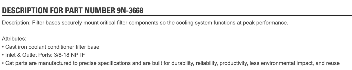 OEM Caterpillar 3116 Coolant Conditioner Filter Base 9N-3668 For Sale