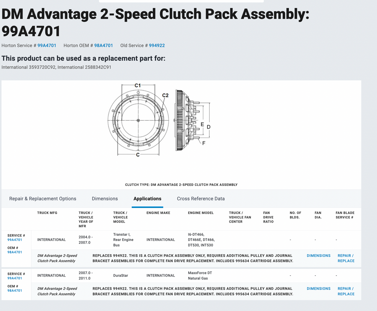 International DT466E 984154 Diesel Engine Fan Drive For Sale
