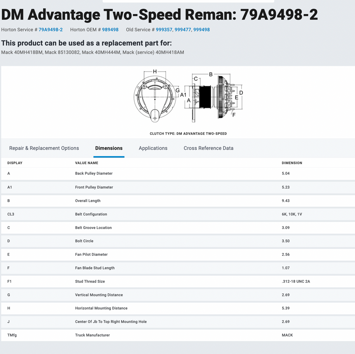 Horton Mack ASET 79A9498-2 Fan Clutch For Sale