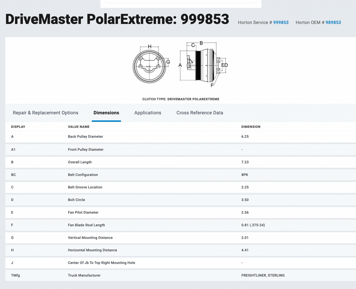 Cummins ISM ISC Horton Fan Clutch Part # 989853, 601869, Drivemaster PolarExtreme Fan Clutch