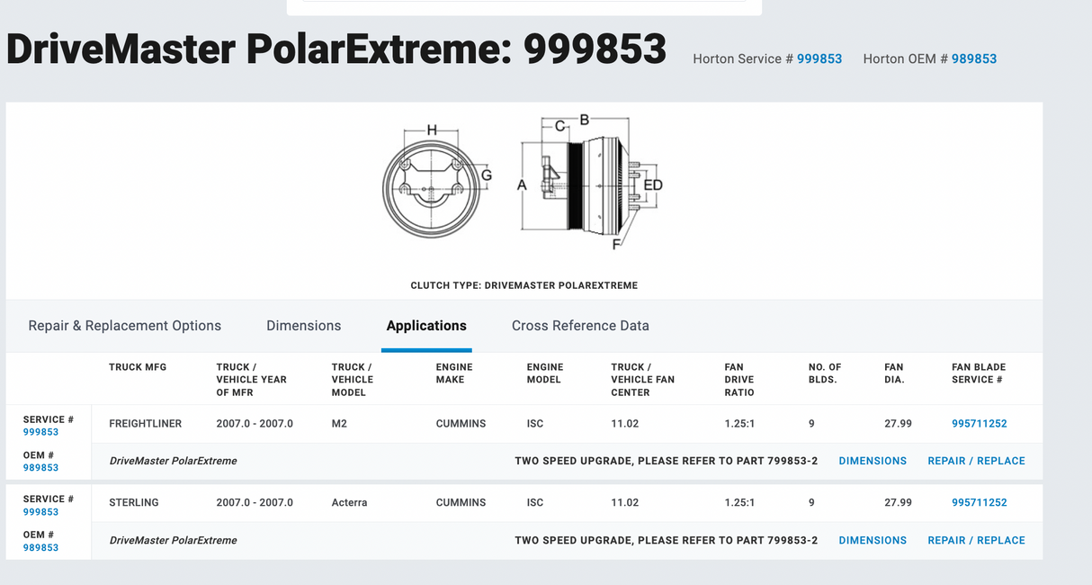Cummins ISM ISC Horton Fan Clutch Part # 989853, 601869, Drivemaster PolarExtreme Fan Clutch