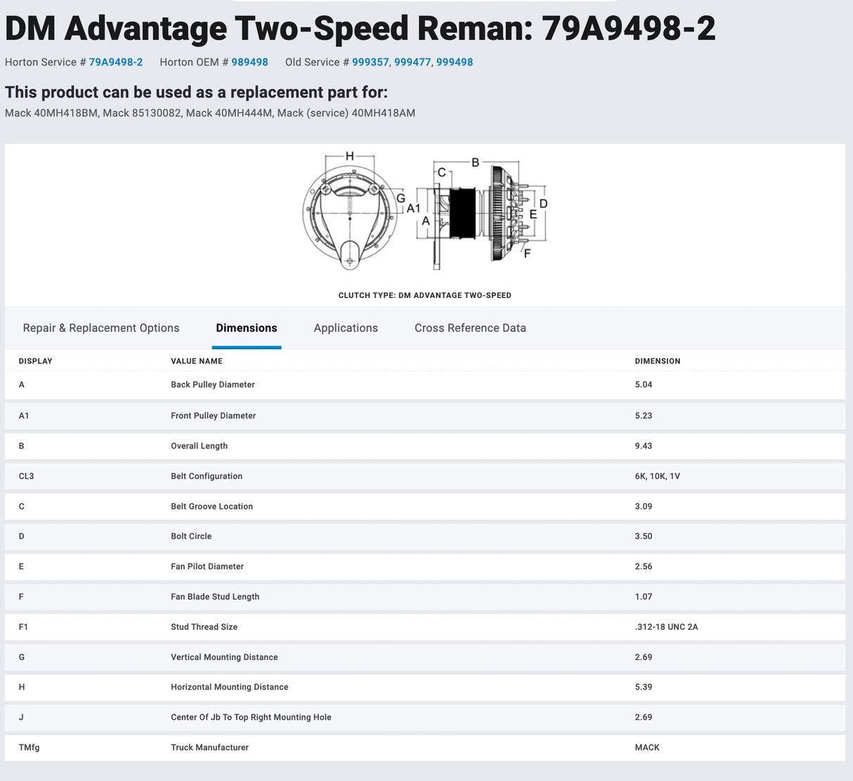 Horton Mack ASET 79A9498-2 Fan Clutch For Sale
