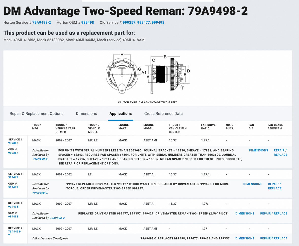 Horton Mack ASET 79A9498-2 Fan Clutch For Sale