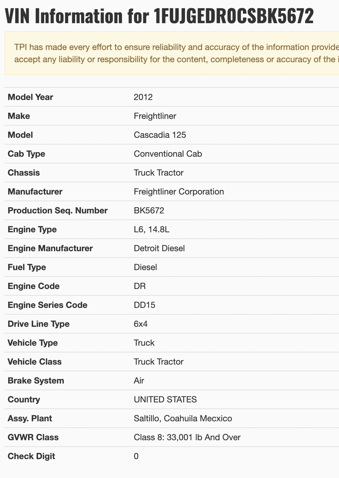 2012 Freightliner Cascadia 125 Cab & Chassis Truck GLIDER KIT (NO ENGINE NO TRANSMISSION)