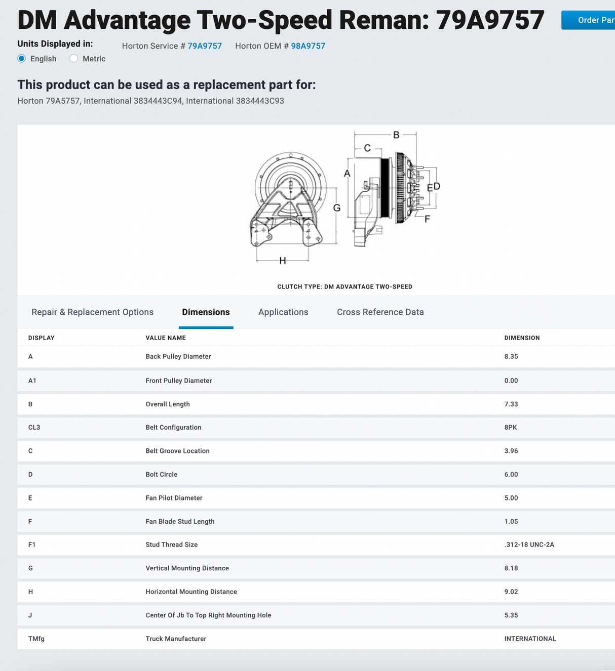 International MaxxForce 13 Horton Fan Clutch 98A9757, 79A9757