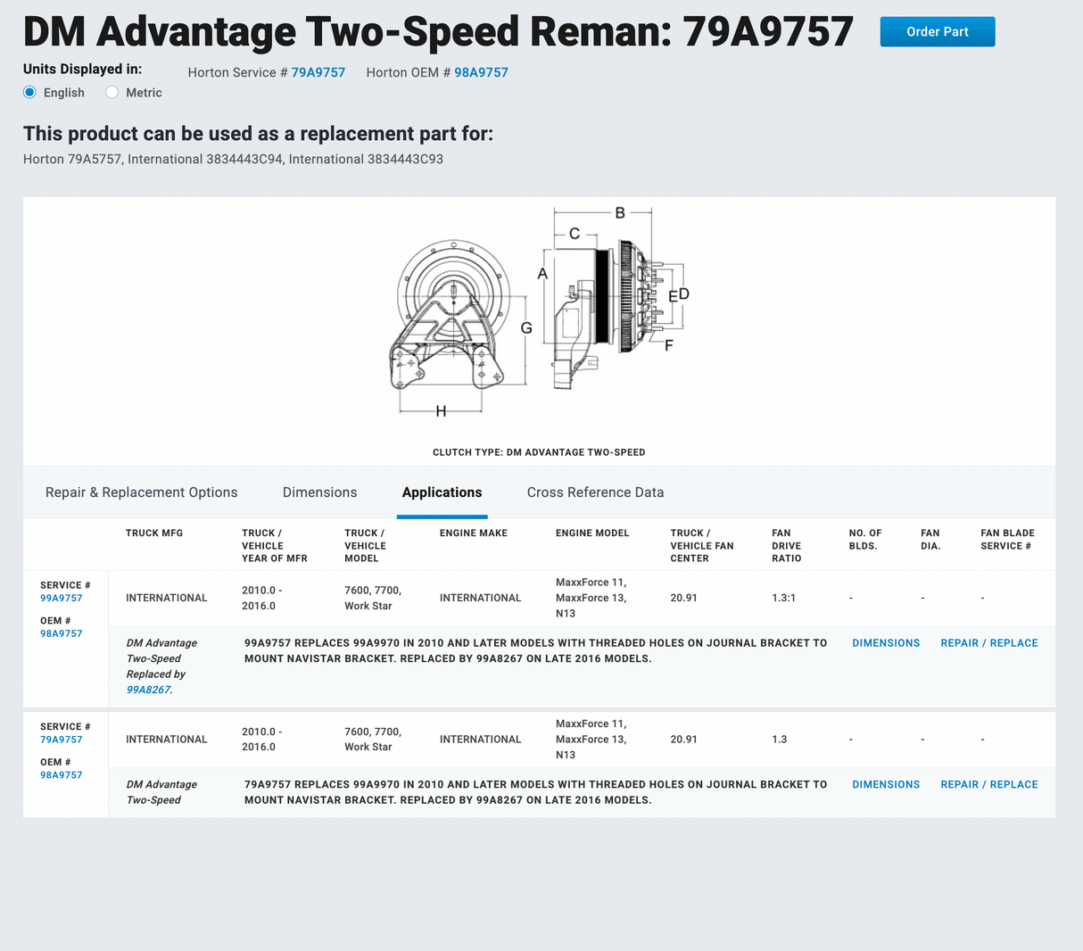 International MaxxForce 13 Horton Fan Clutch 98A9757, 79A9757