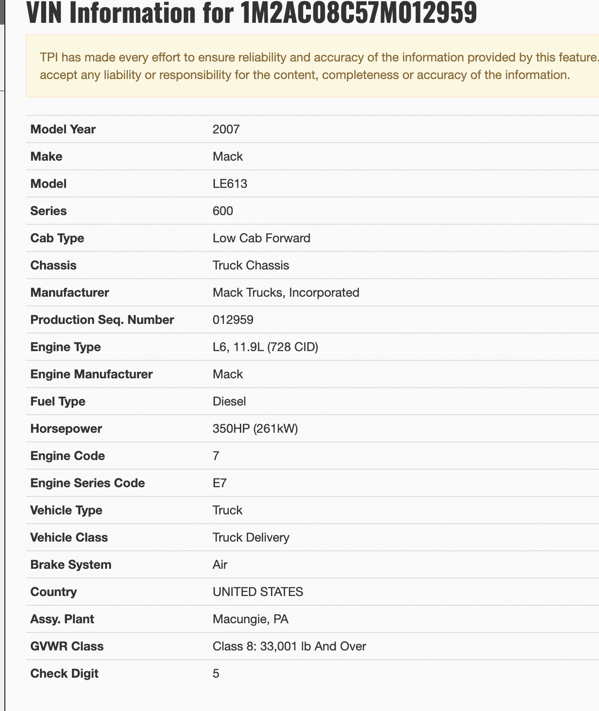 2007 Mack LE613 Forward Low Cab, 600 Series