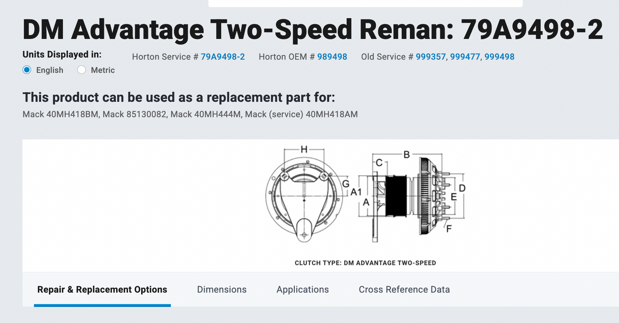 Mack ASET Horton Fan Clutch Part # 79A9498-2
