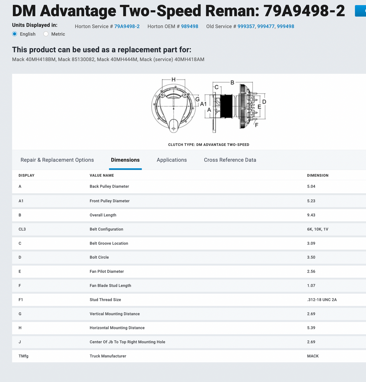 Mack ASET Horton Fan Clutch Part # 79A9498-2