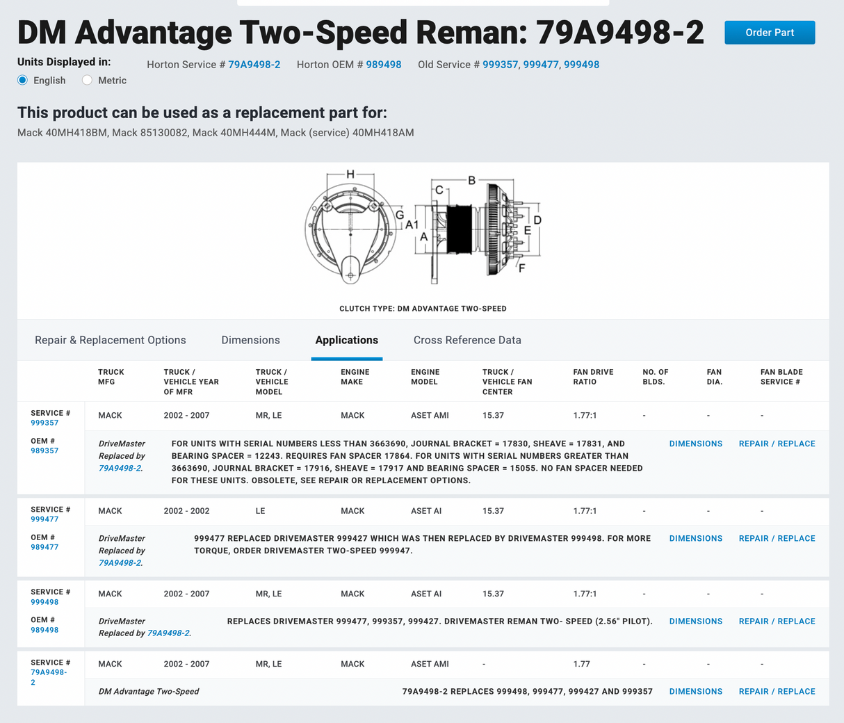 Mack ASET Horton Fan Clutch Part # 79A9498-2