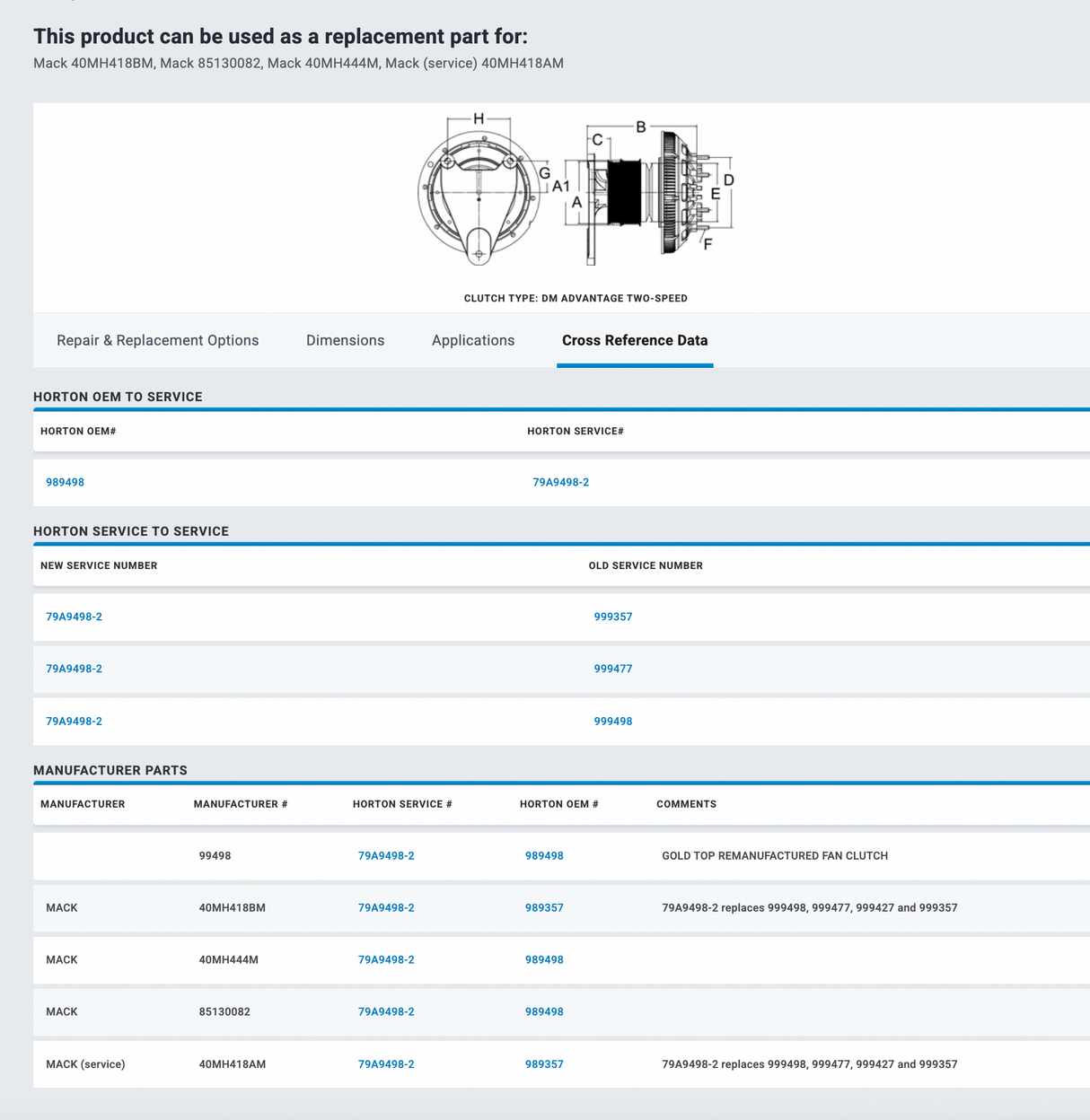 Mack ASET Horton Fan Clutch Part # 79A9498-2