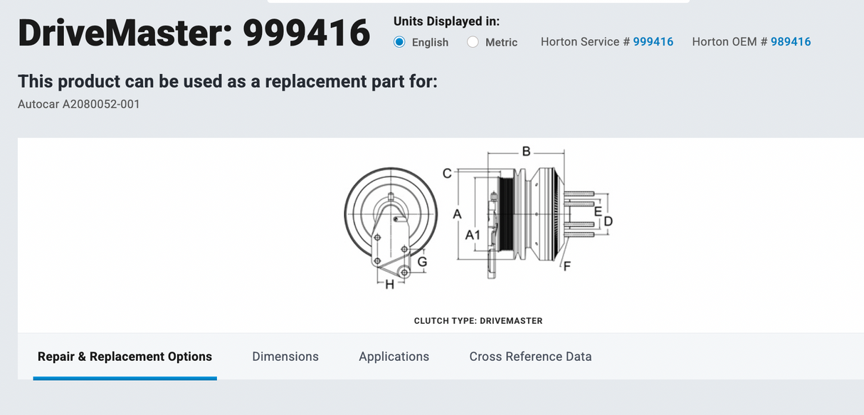 999416 Cummins ISL Horton DriveMaster Fan Clutch Part # 999416