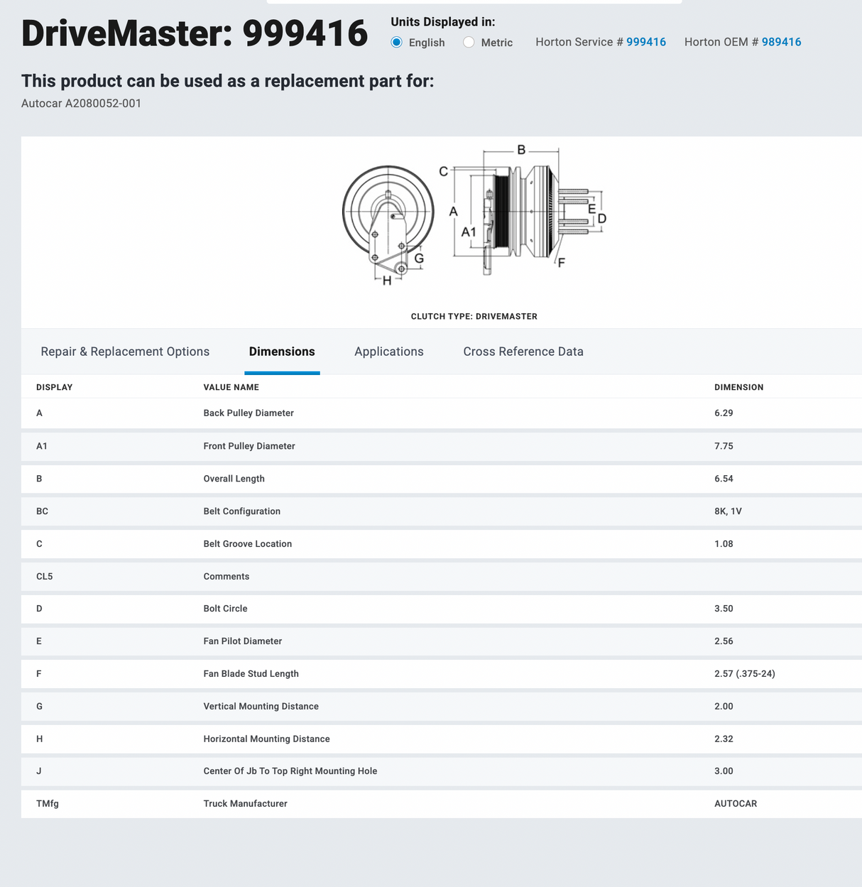 999416 Cummins ISL Horton DriveMaster Fan Clutch Part # 999416