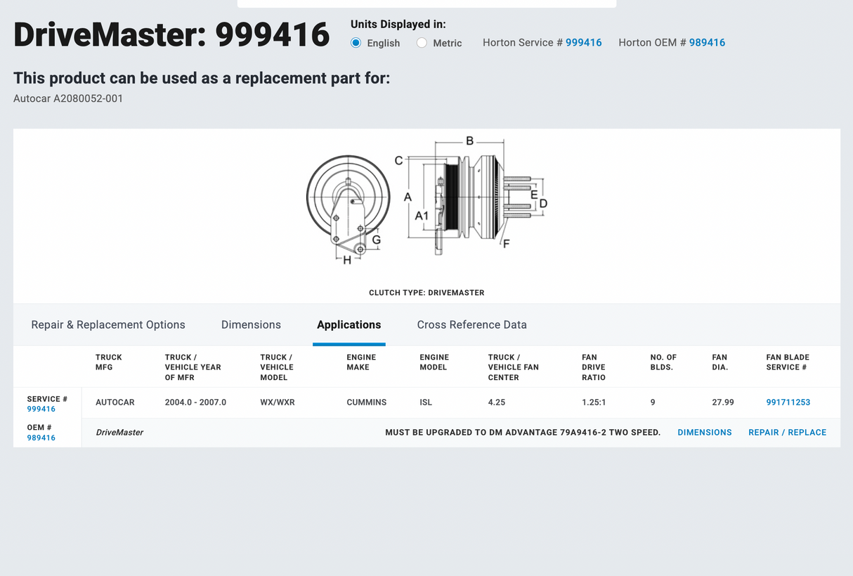 999416 Cummins ISL Horton DriveMaster Fan Clutch Part # 999416