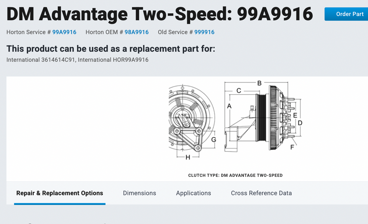 989916 Cummins ISM Horton 2-Speed Fan Clutch Part # 989916, Pulley Part # 601526