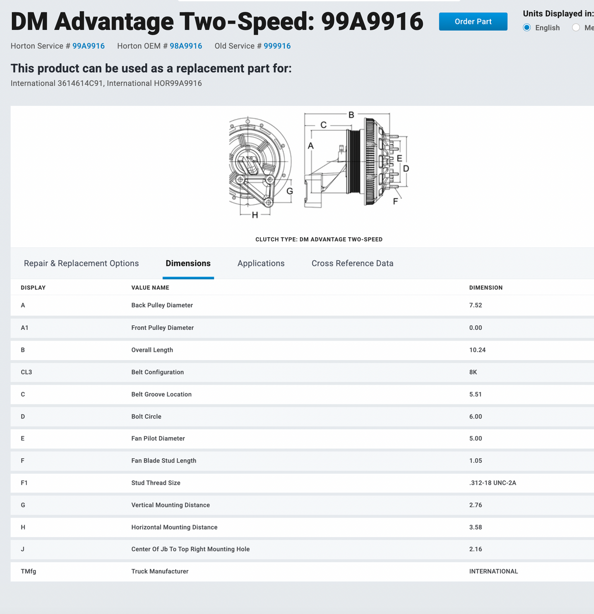 989916 Cummins ISM Horton 2-Speed Fan Clutch Part # 989916, Pulley Part # 601526