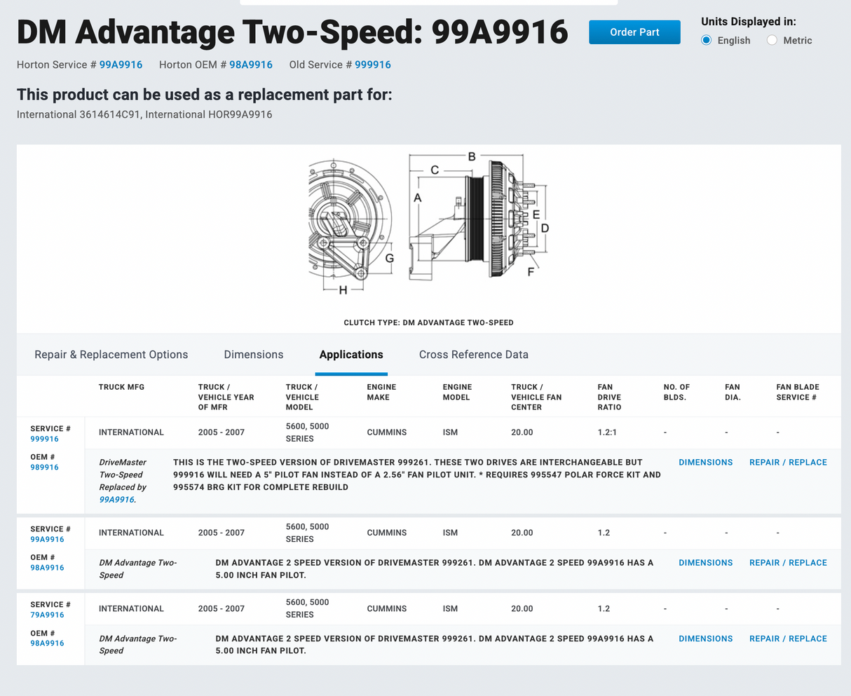 989916 Cummins ISM Horton 2-Speed Fan Clutch Part # 989916, Pulley Part # 601526