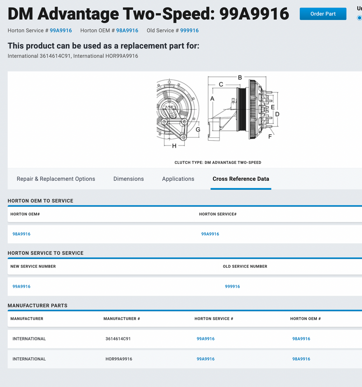 989916 Cummins ISM Horton 2-Speed Fan Clutch Part # 989916, Pulley Part # 601526