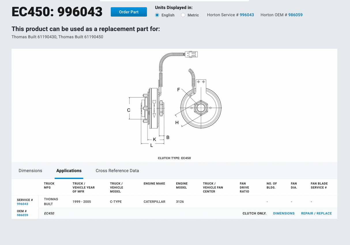 Caterpillar 3126B Horton EC450 Fan Clutch 996043