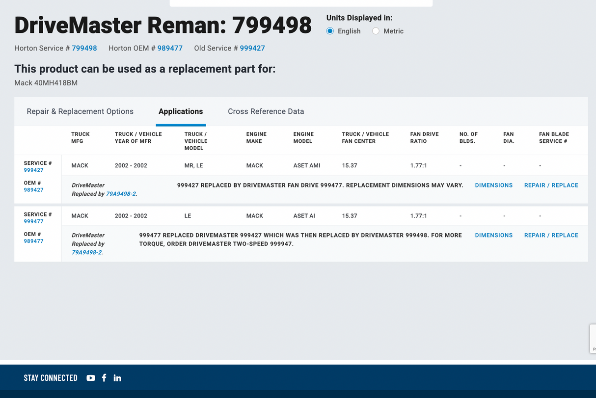 Mack ASET AI Horton Fan Clutch Part # 799498-2