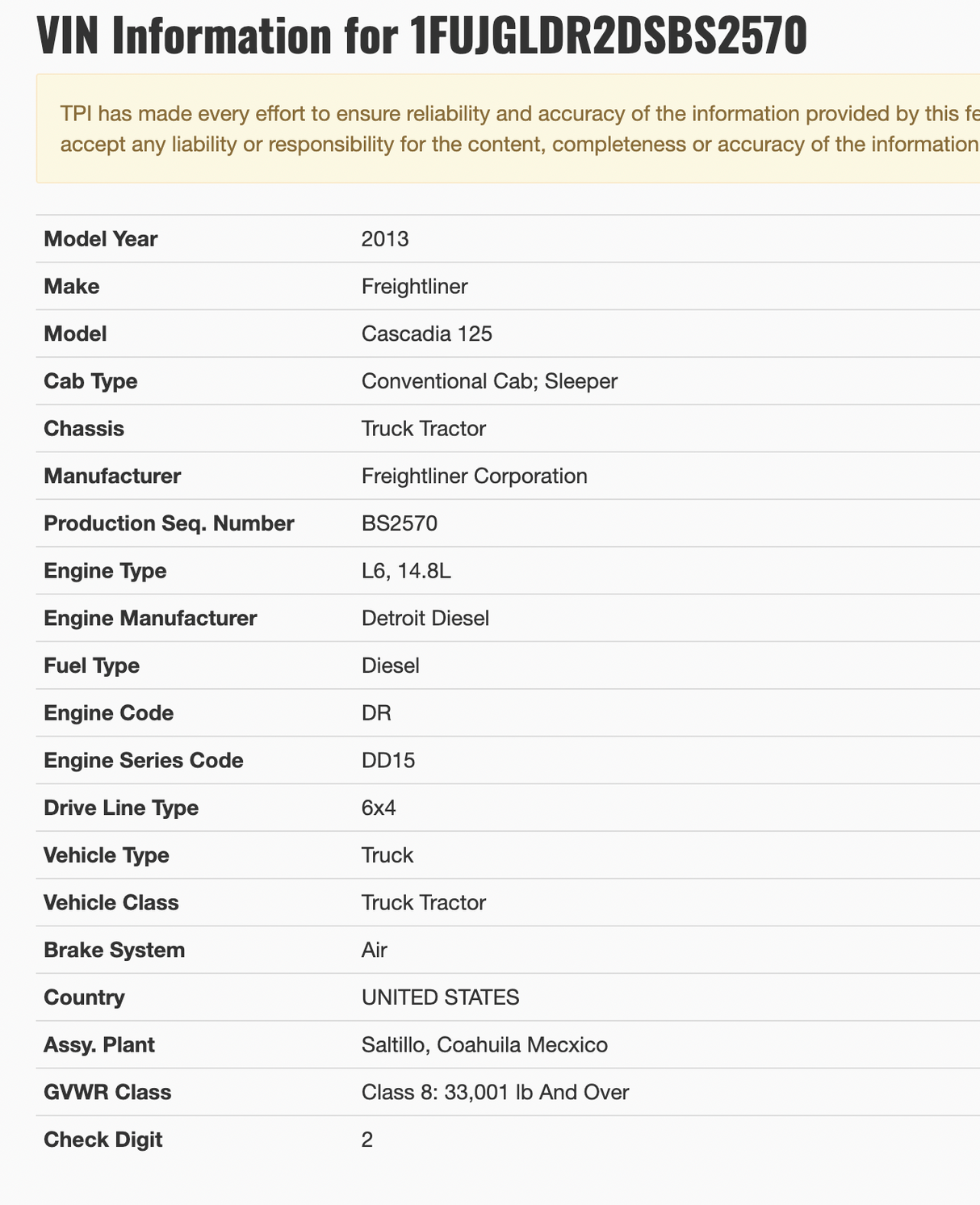 2013 Freightliner Cascadia 125 Conventional Sleeper Cab