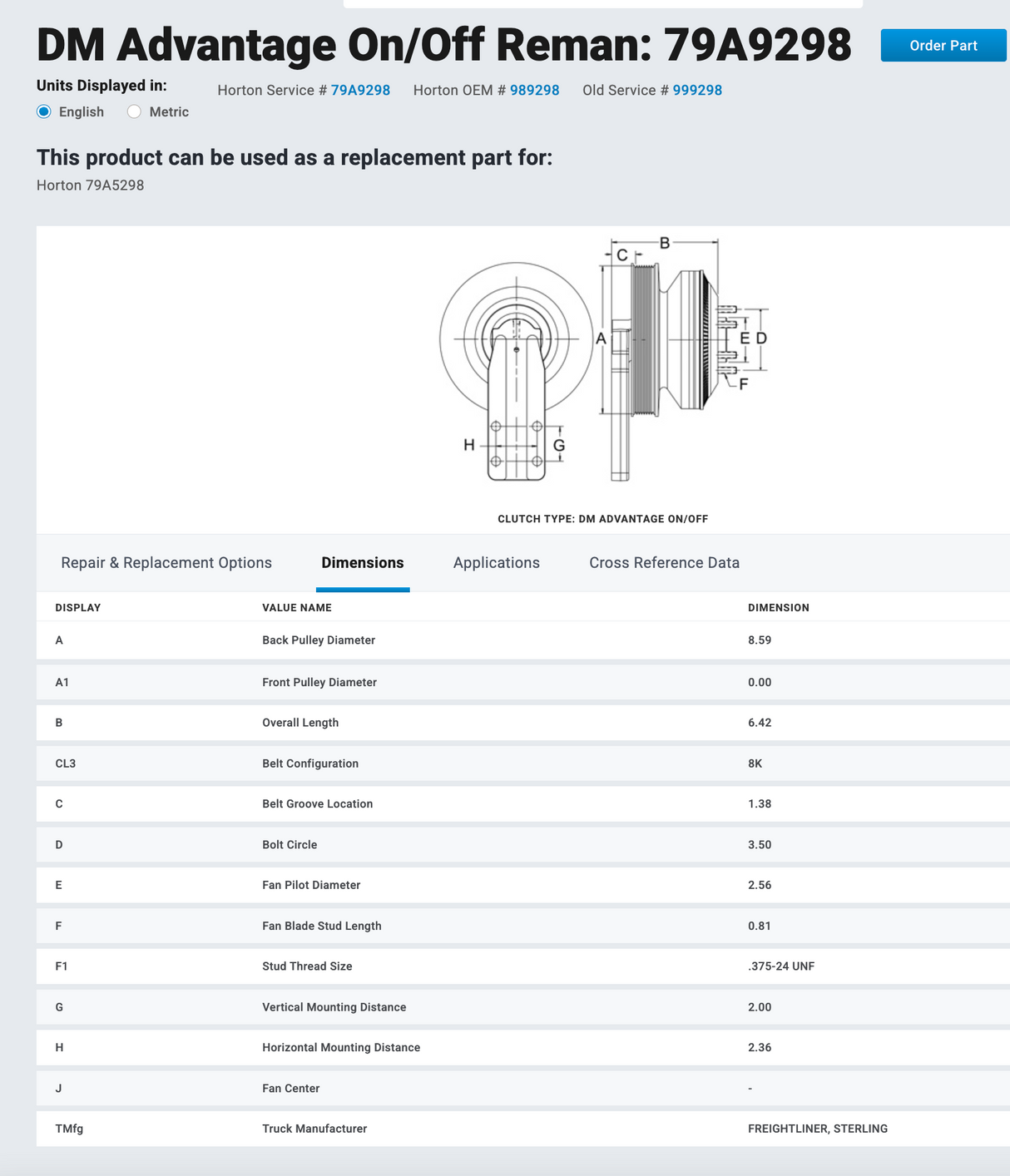 Caterpillar C13 Horton Fan Clutch Part # 989298