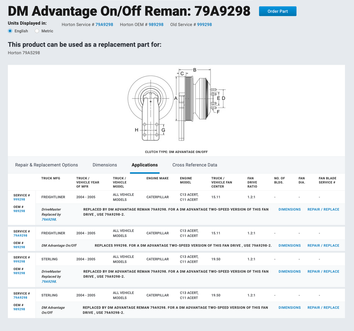 Caterpillar C13 Horton Fan Clutch Part # 989298