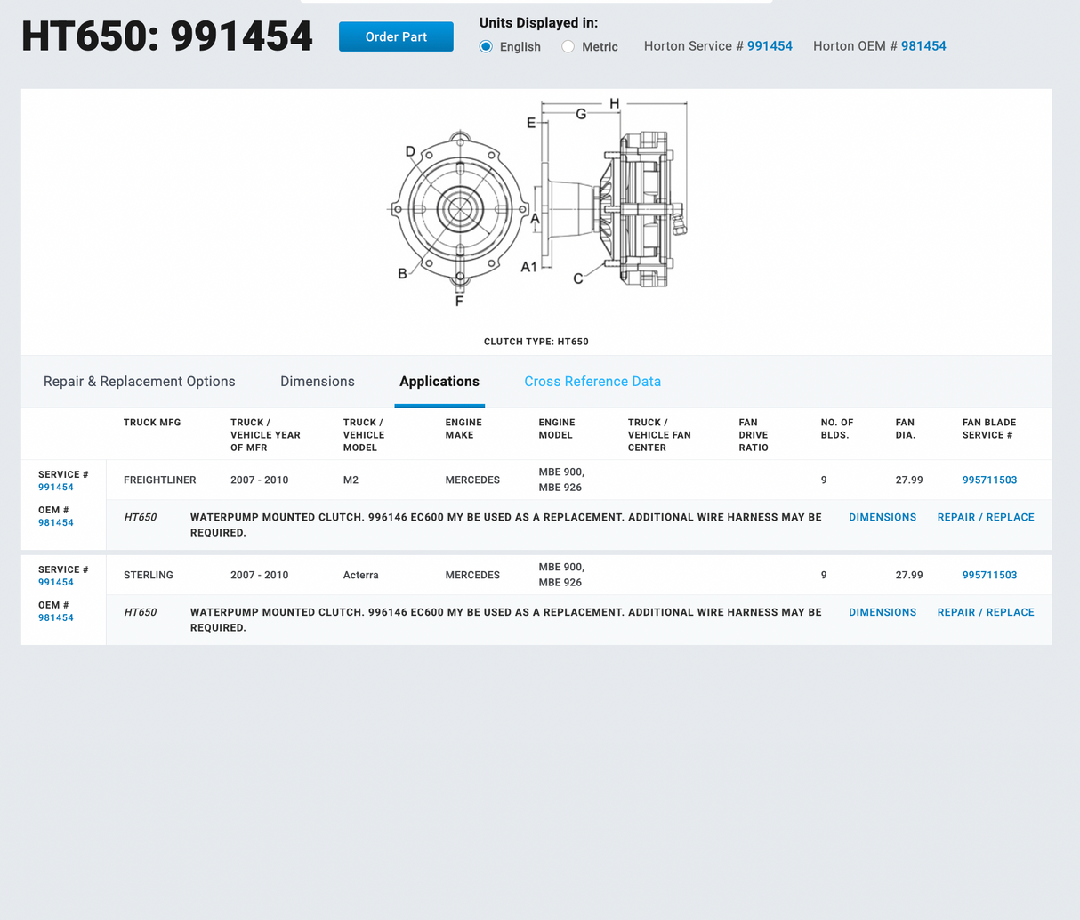 Mercedes MBE900 Horton Fan Clutch 991454