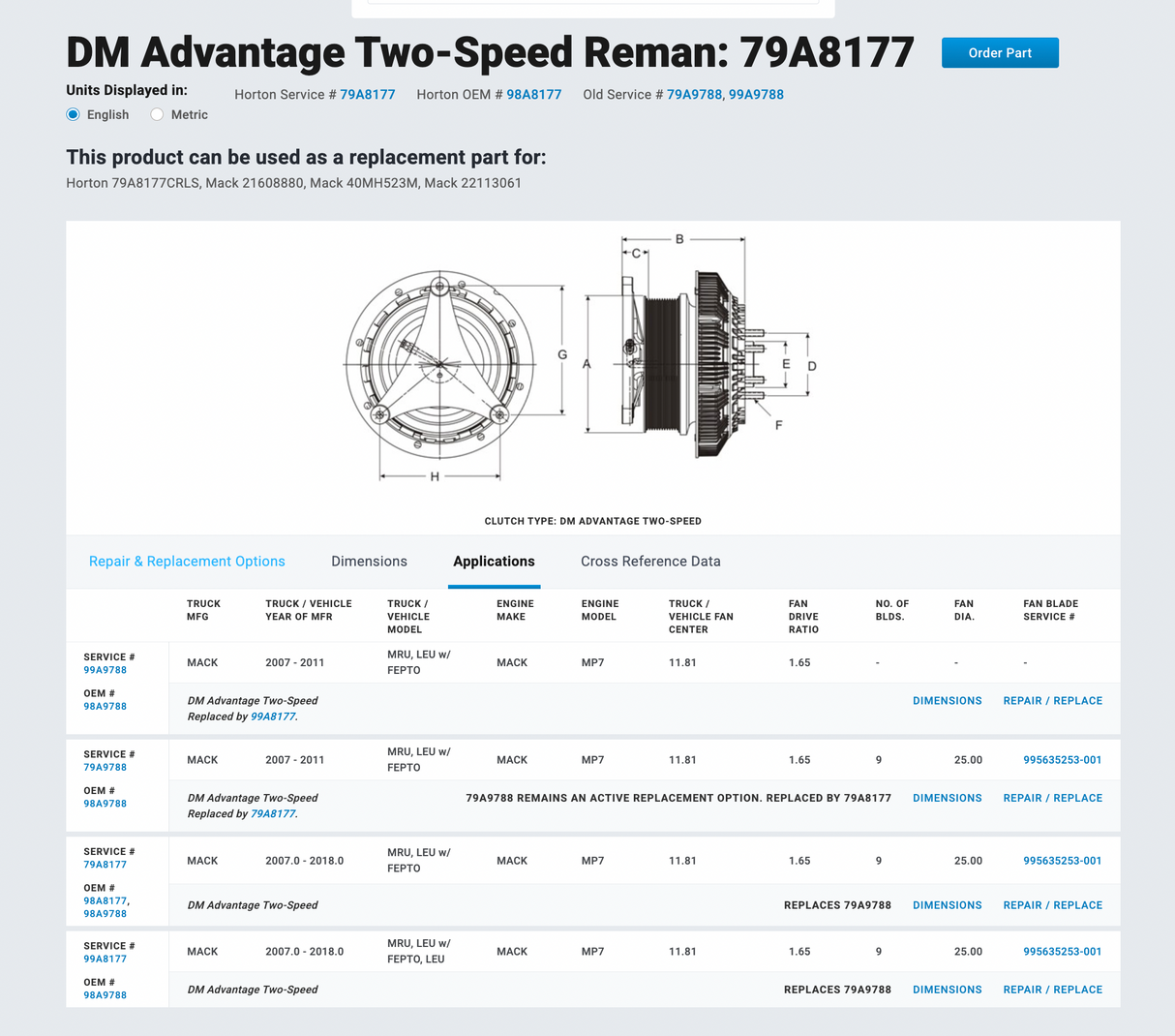 Mack MP7 Horton Fan Clutch for 2007-2011 Part # 79A8177, 21608880, 40MH523M, 22113061, 21251049