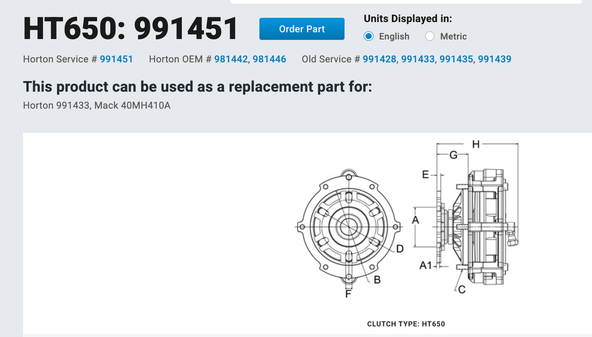 Mack E6 / E7 Horton HT650 Fan Clutch Part # 991451