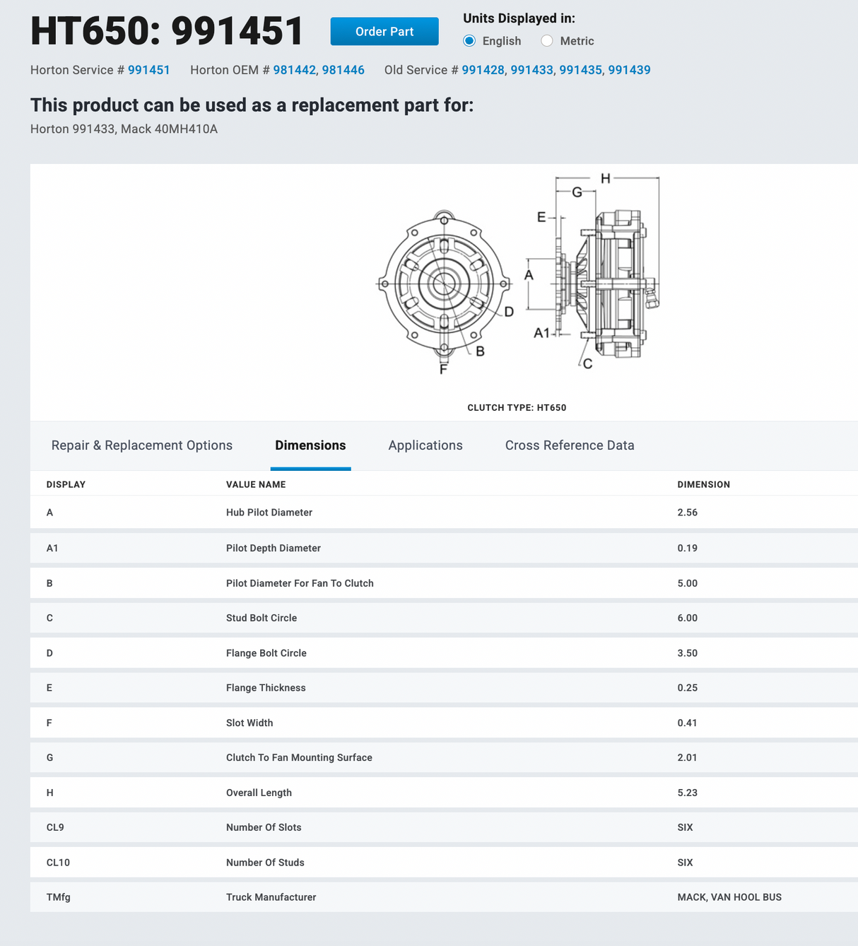 Mack E6 / E7 Horton HT650 Fan Clutch Part # 991451