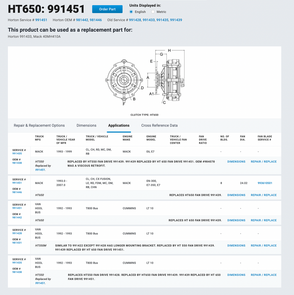 Mack E6 / E7 Horton HT650 Fan Clutch Part # 991451
