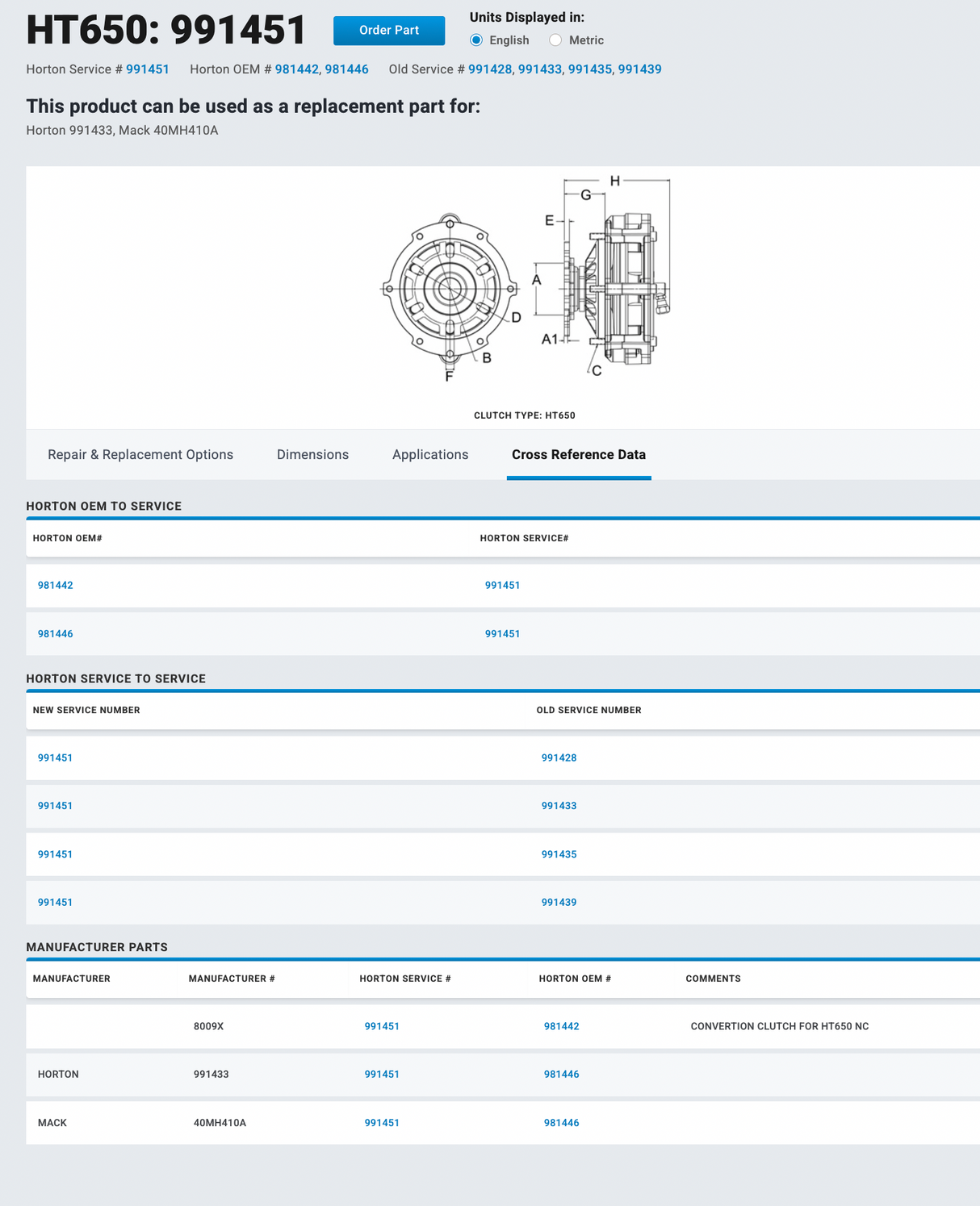 Mack E6 / E7 Horton HT650 Fan Clutch Part # 991451