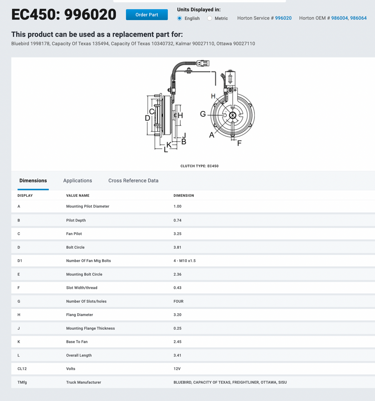 Cummins ISB 6.7L Horton Electromagnetic EC450 Fan Clutch Part # 996020