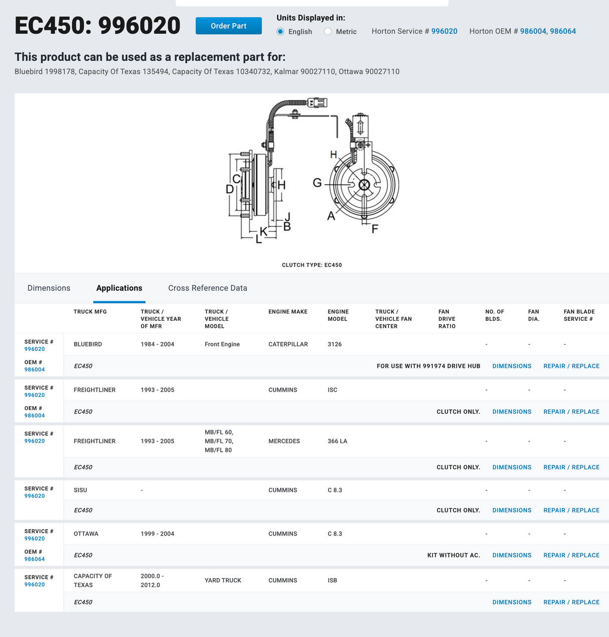 Cummins ISB 6.7L Horton Electromagnetic EC450 Fan Clutch Part # 996020